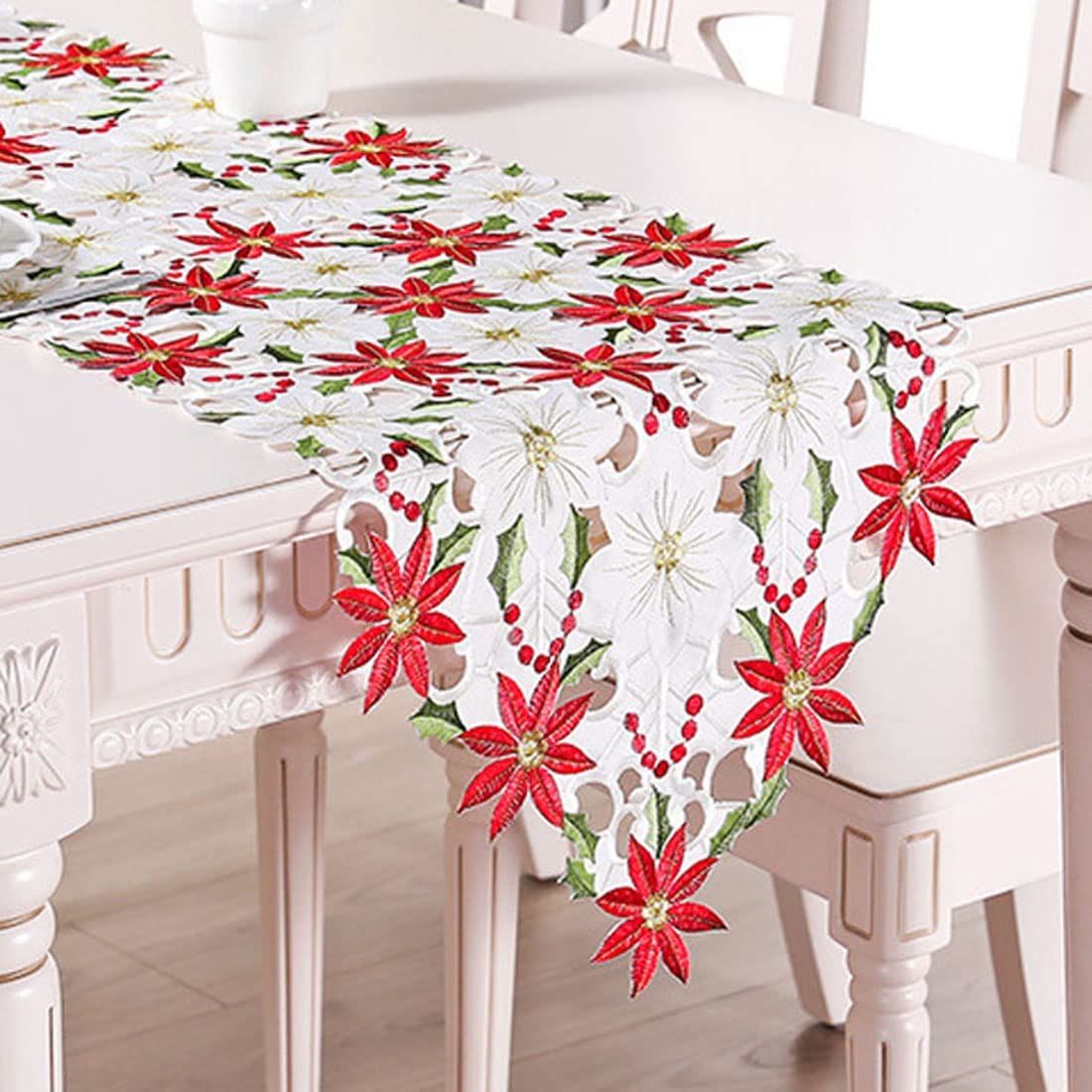 OurWarm Christmas Embroidered Table Poinsettia Holly Leaf Table Linens for view 2