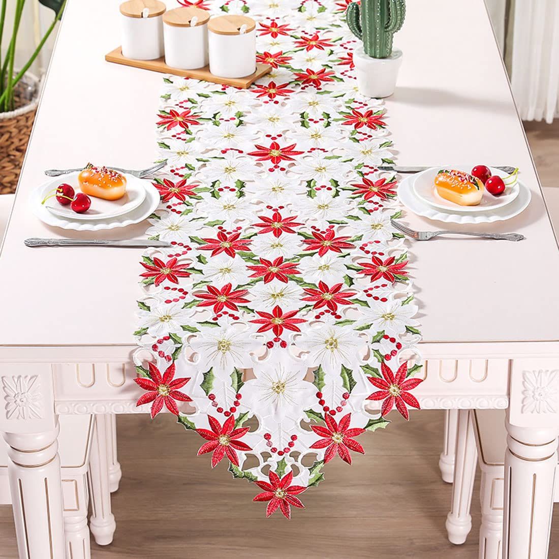 OurWarm Christmas Embroidered Table Poinsettia Holly Leaf Table Linens for view 3