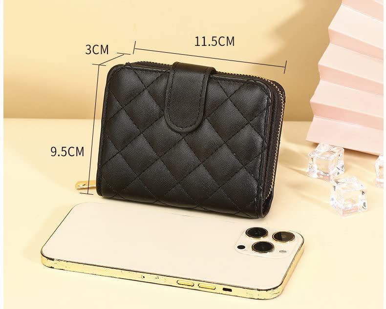 Small Slim Lattice Wallet Leather RFID Blocking Coin Purse with Zipper Credit
