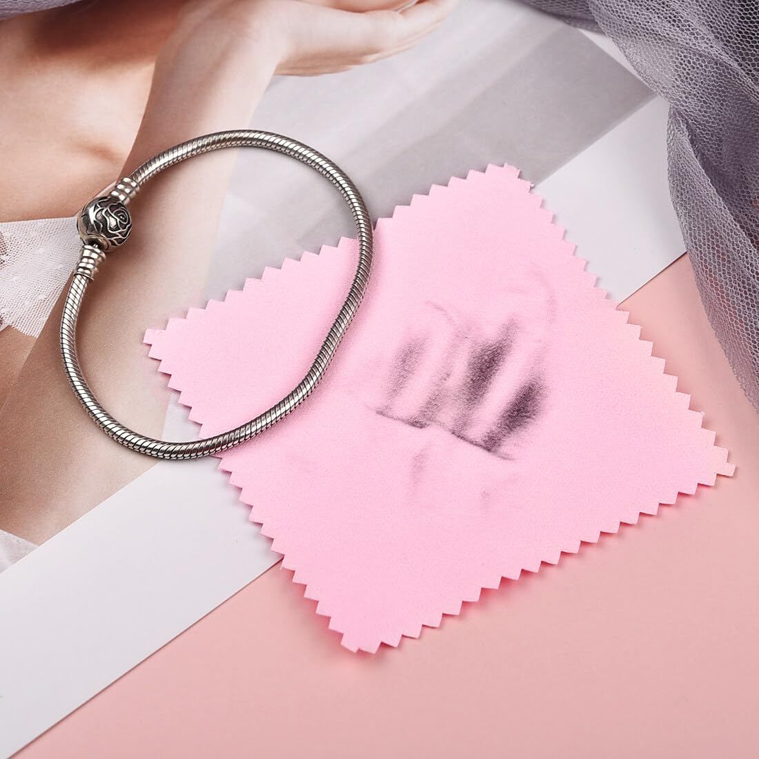 100pcs Jewelry Cleaning Cloth Pink Polishing Cloth for Sterling Silver Gold — image 1