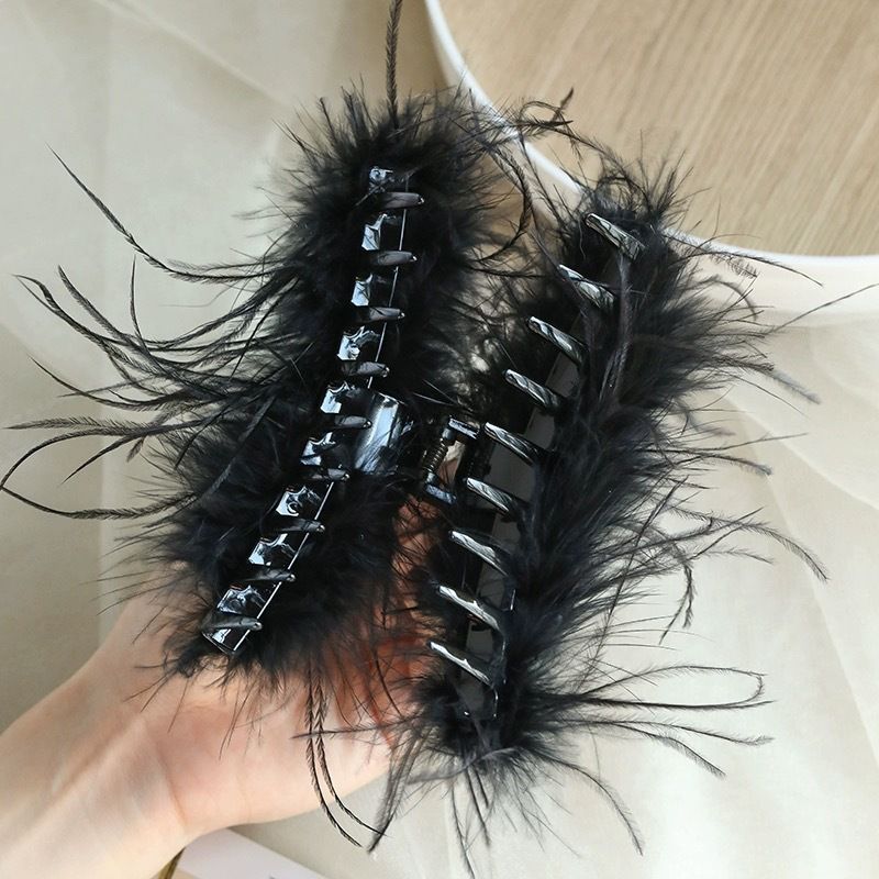 Black Feather Hair Clip Ostrich Fluffy Fur Hair Claw Ponytail Shark Clip for view 3