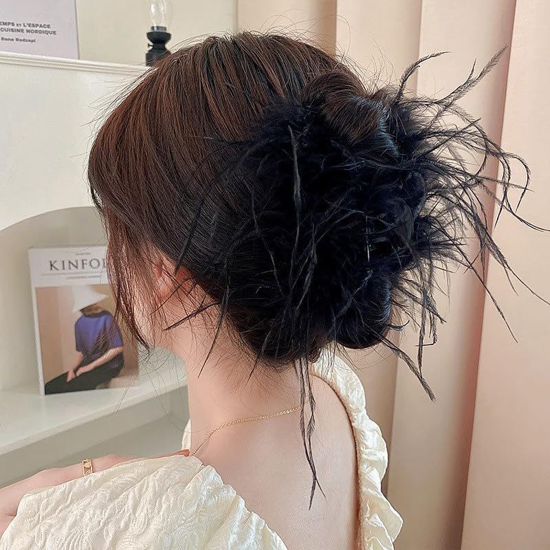 Black Feather Hair Clip Ostrich Fluffy Fur Hair Claw Ponytail Shark Clip for view 5