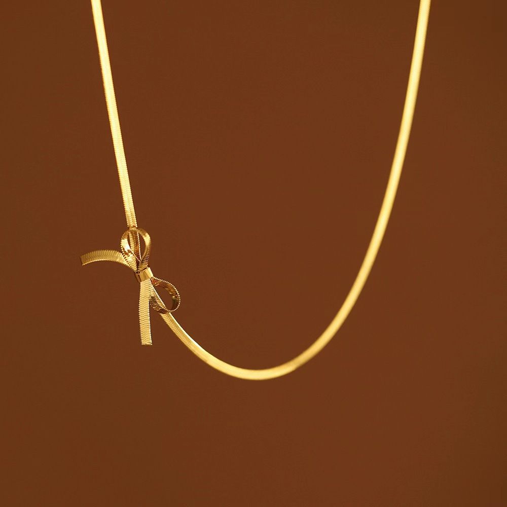 2PCS Ladies Bow Choker Necklace Pendant+Bracelet-Simple Gold Plated Bow view 2