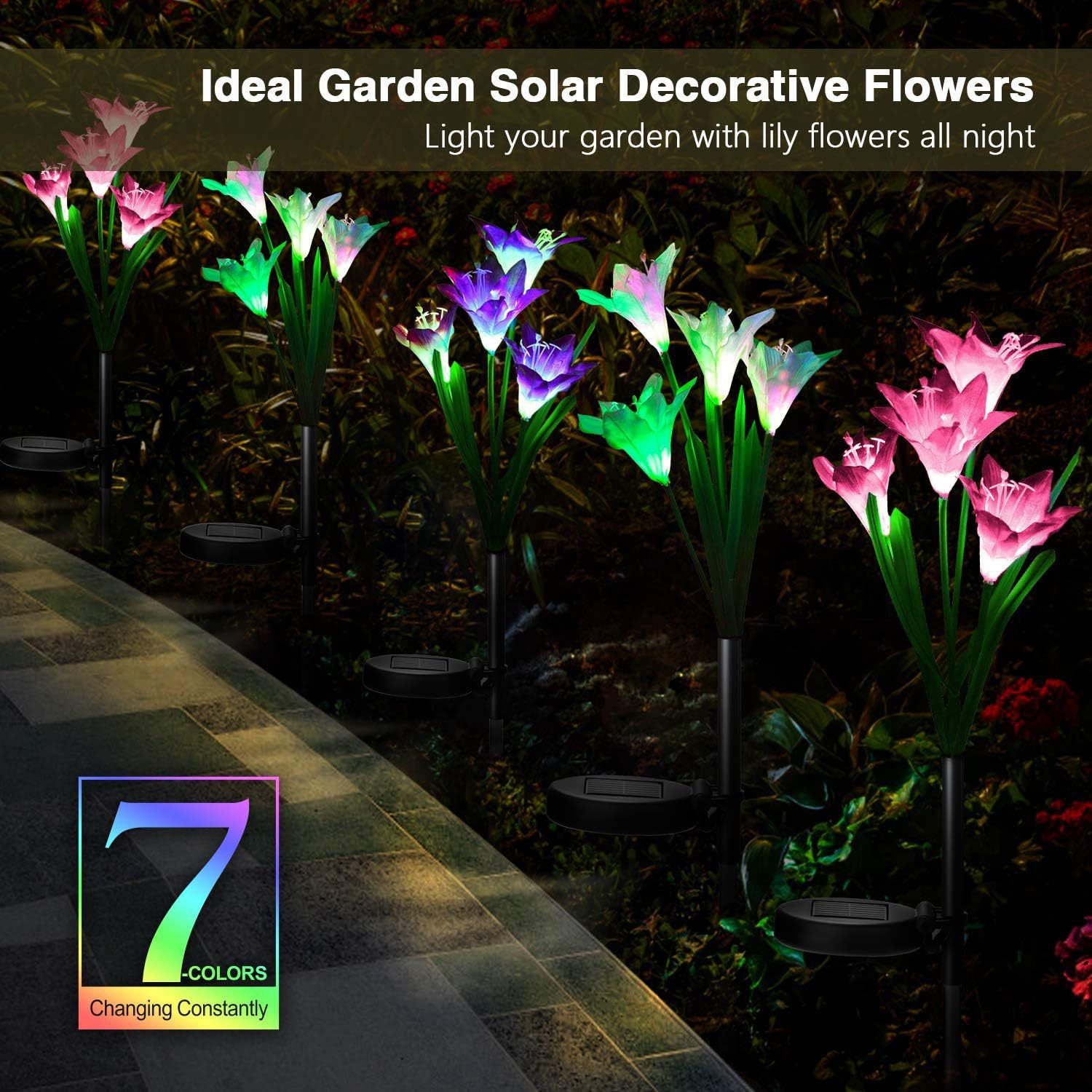 Outdoor Solar Lights, 4 Pack Solar Garden Lights with Bigger Lily Flowers view 2