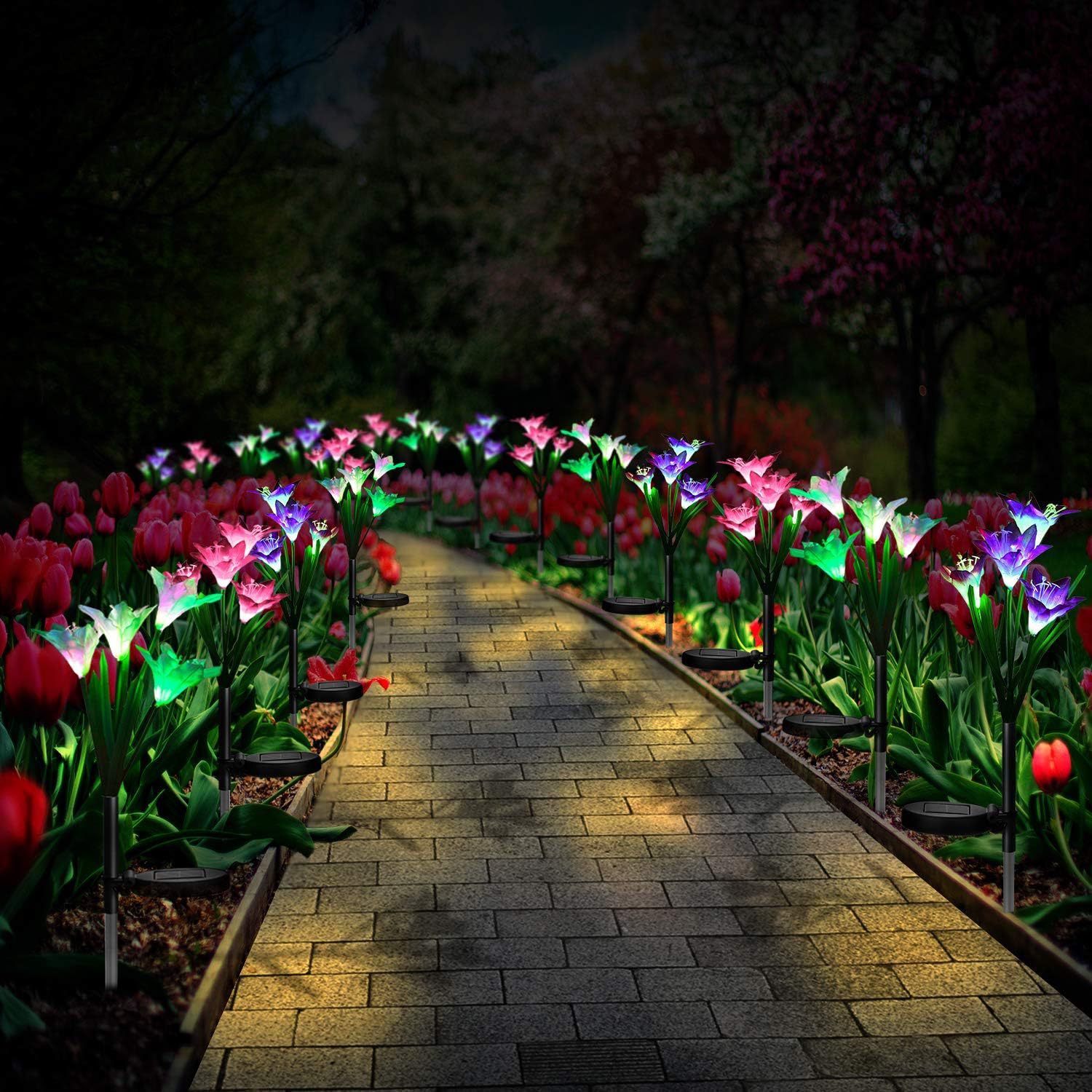 Outdoor Solar Lights, 4 Pack Solar Garden Lights with Bigger Lily Flowers view 5
