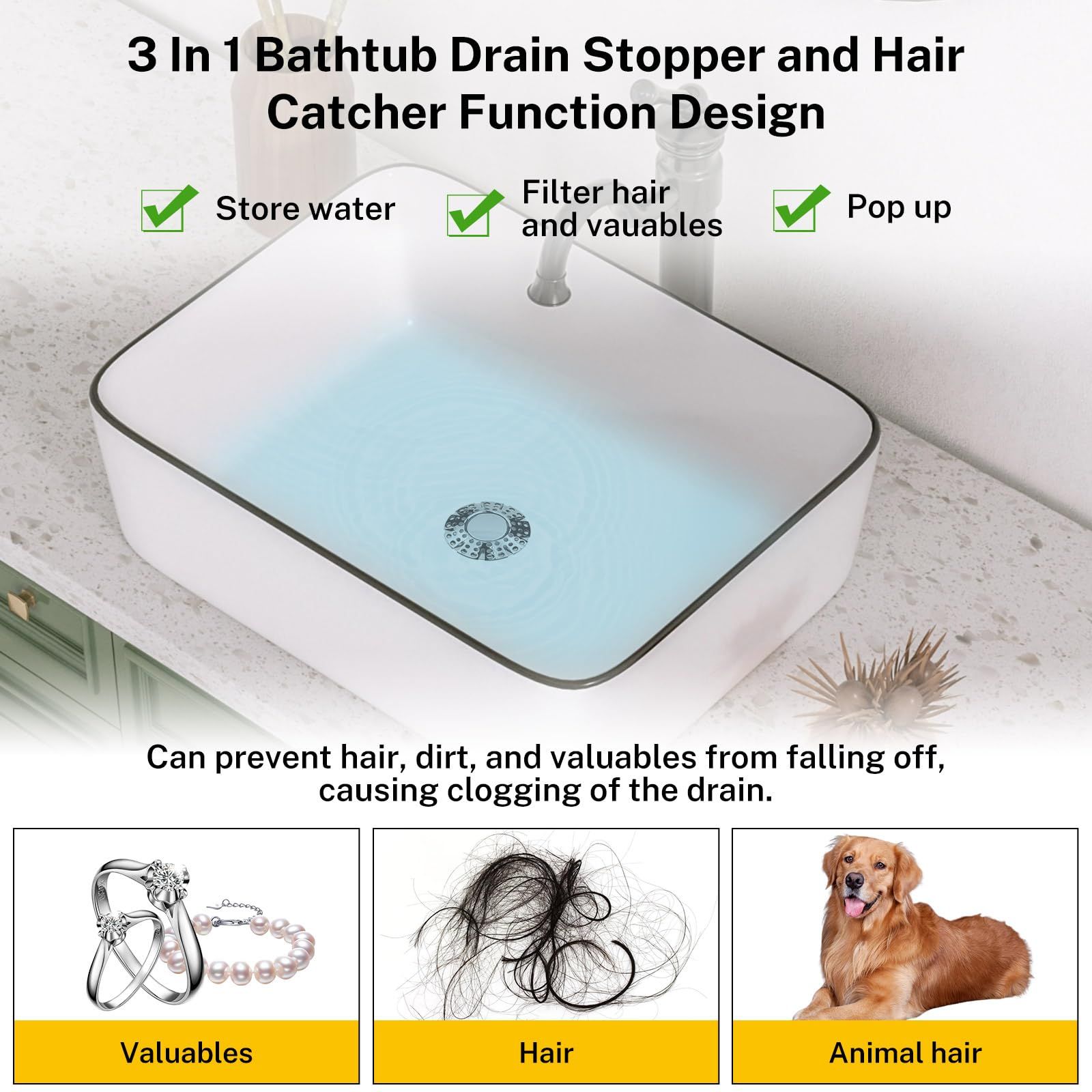 Bathroom Sink Stopper Universal 3 in 1 Pop Up Tub Drain for 1-3/8'' ~ 2'' Bath view 5