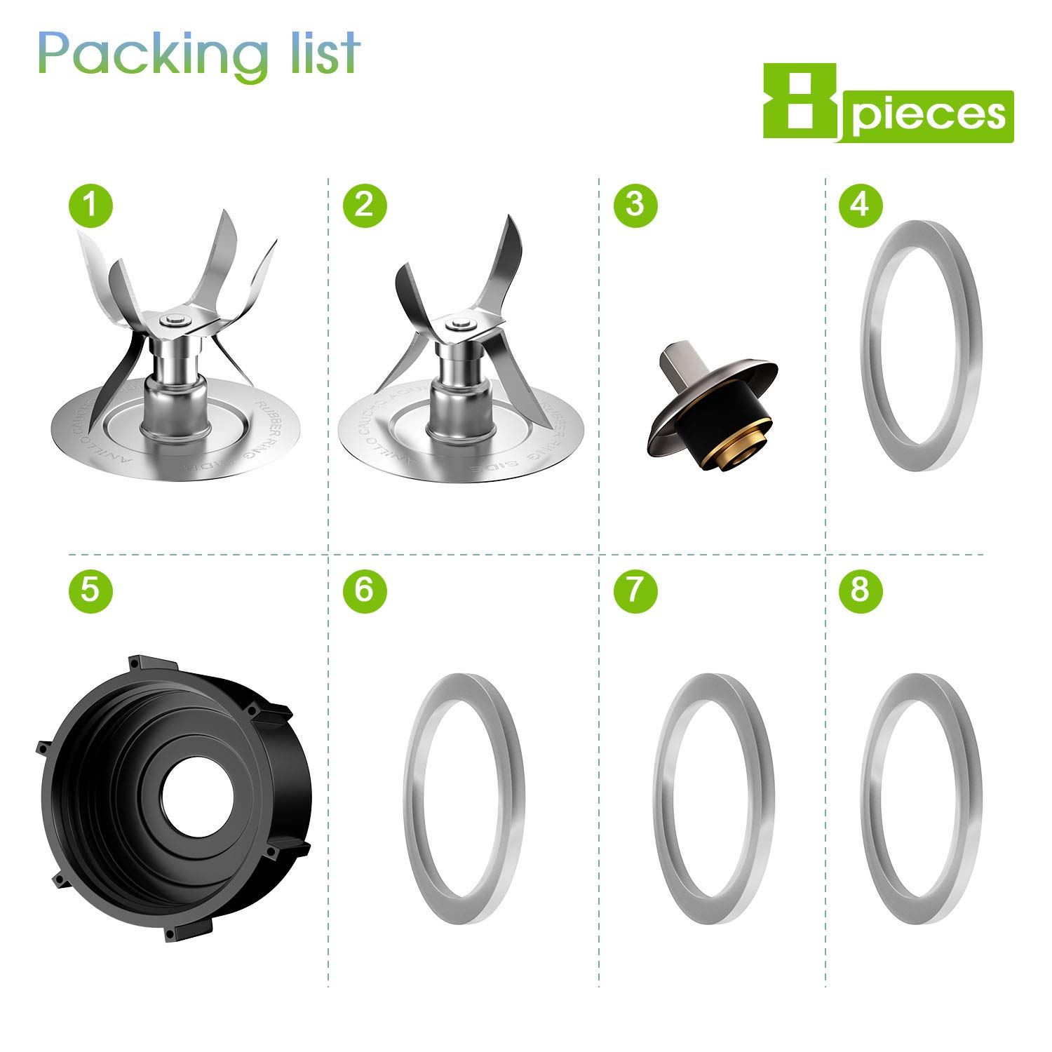 8 Pieces Replacement Part Ice Blades Jar Bottom Cap 4902 Rubber Gaskets and view 2