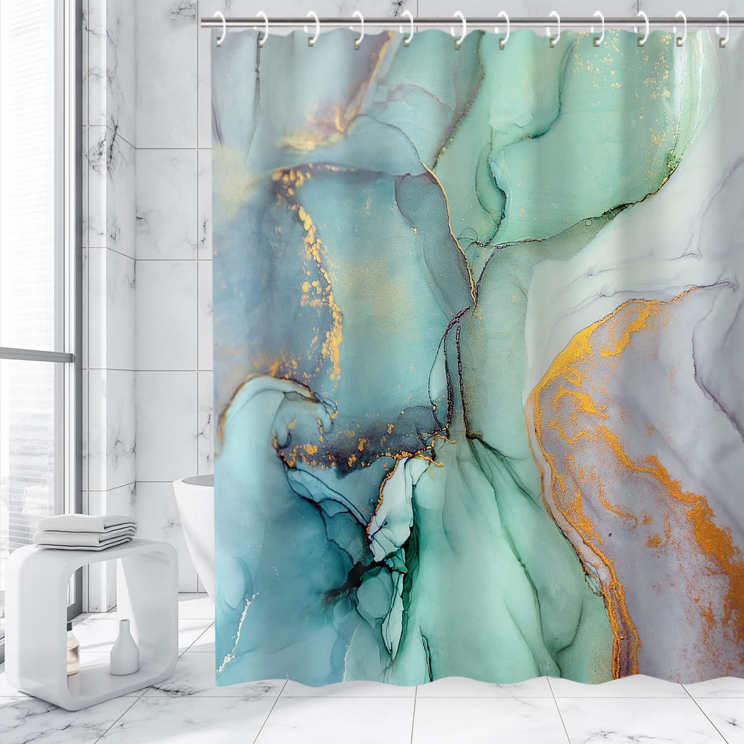 Green Shower Curtain, Marble Shower Curtains Set with 12 Hooks, Green Marble view 3