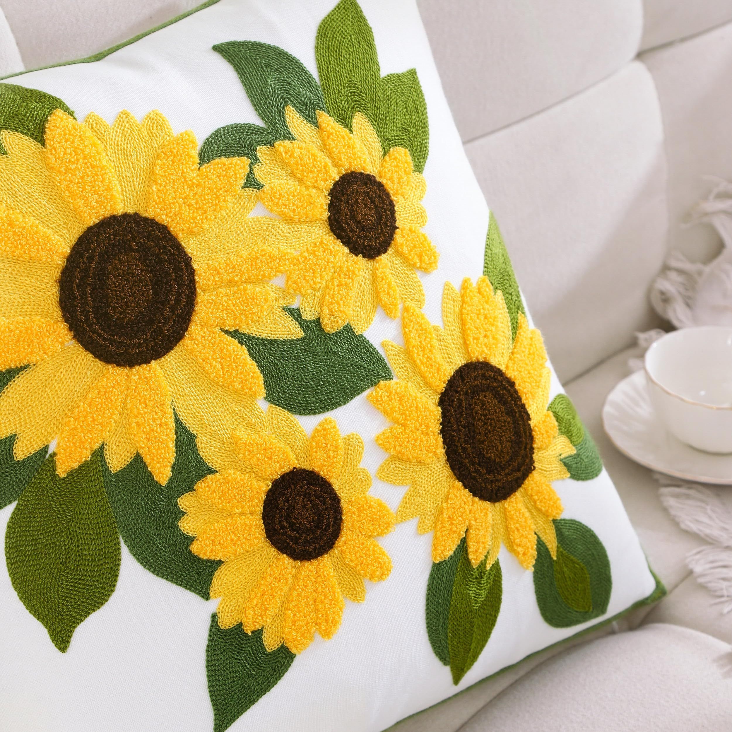 Embroidered Throw Pillow Covers 18x18 inch Pack of 2 Cute Sunflower Decorative view 3