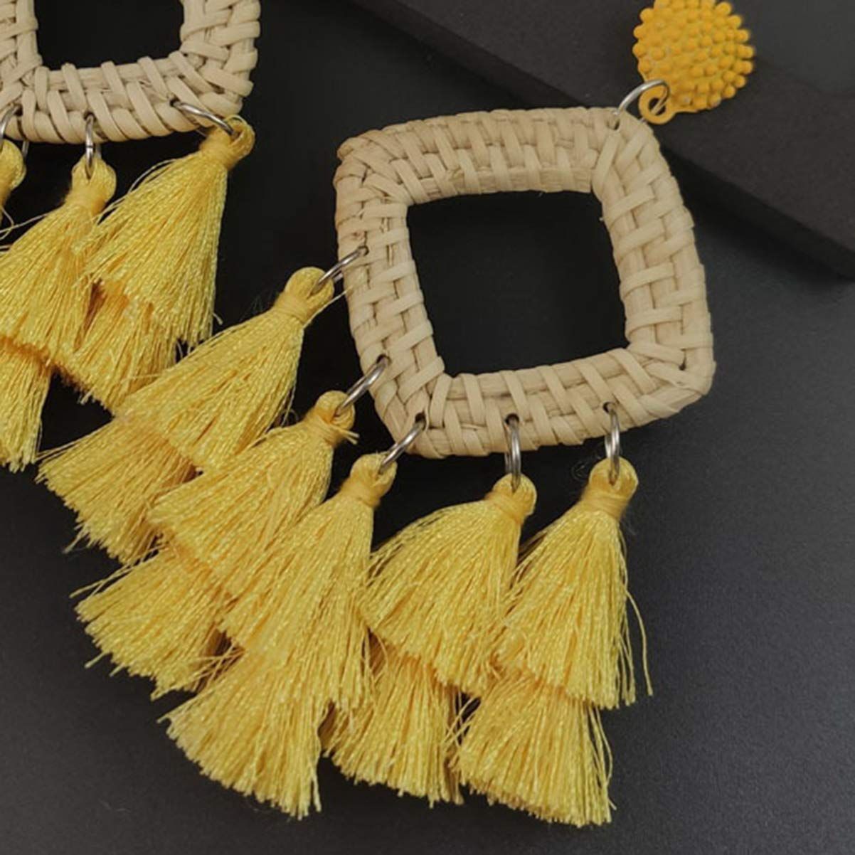 Rattan Tassel Earrings for Women Bohemian Statement Handmade Woven Drop Dangle view 4