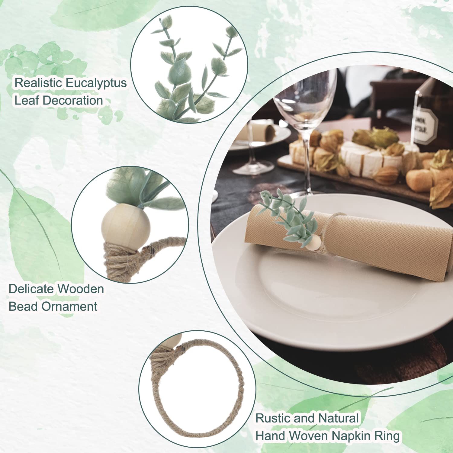 Rings Set of 12, Farmhouse Napkin Rings Eucalyptus Napkin Rings Wooden Napkin view 3
