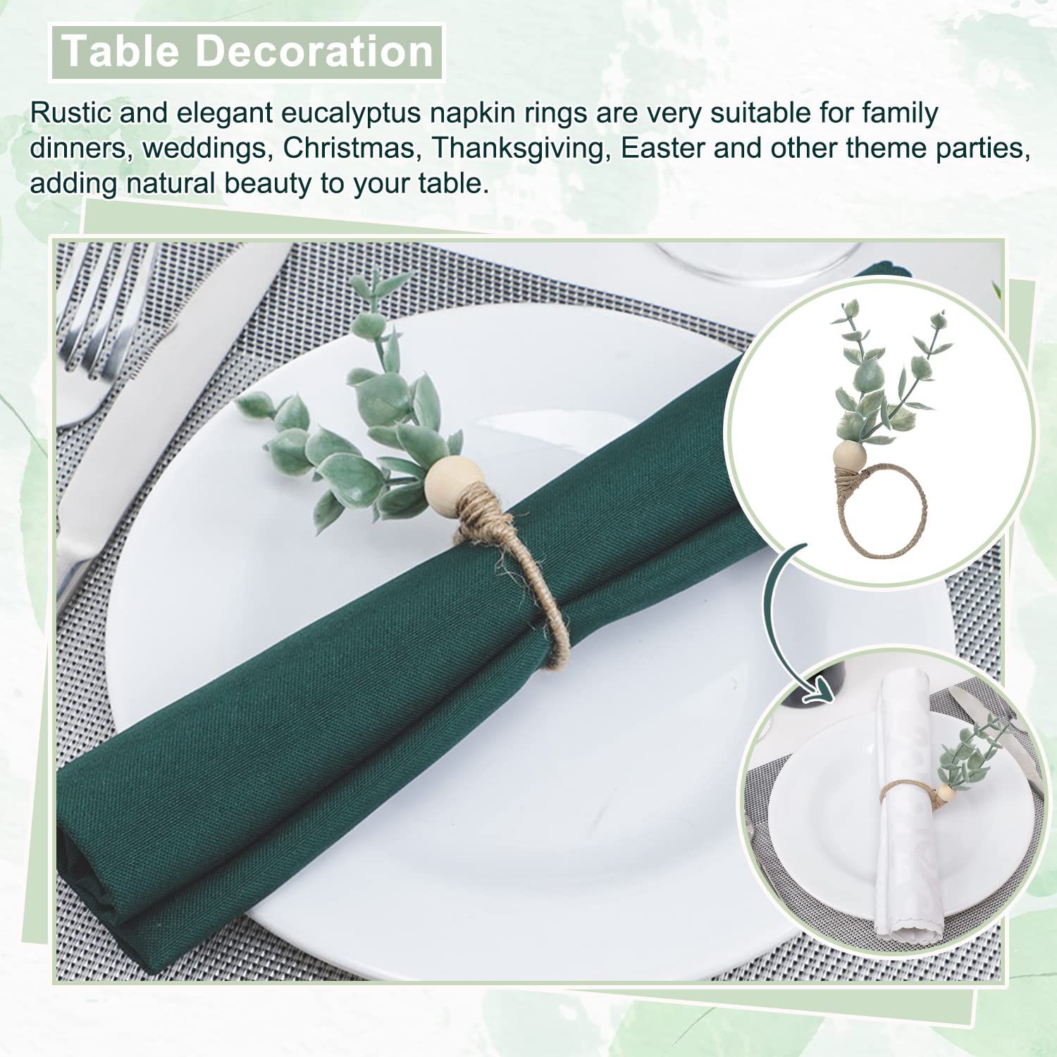 Rings Set of 12, Farmhouse Napkin Rings Eucalyptus Napkin Rings Wooden Napkin view 5
