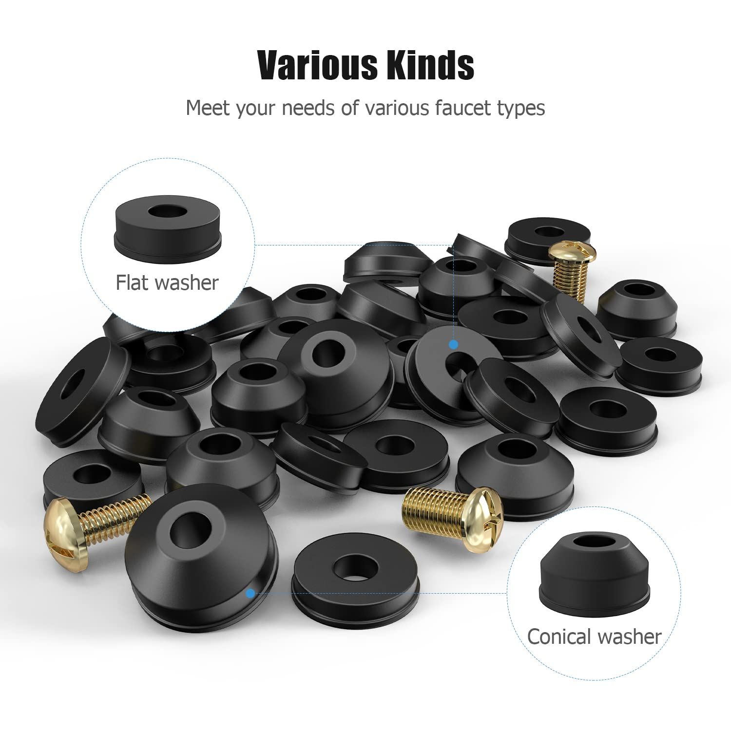 Faucet Washers, 58-Pack Flat and Beveled Rubber Faucet Washers and Brass Bibb view 4