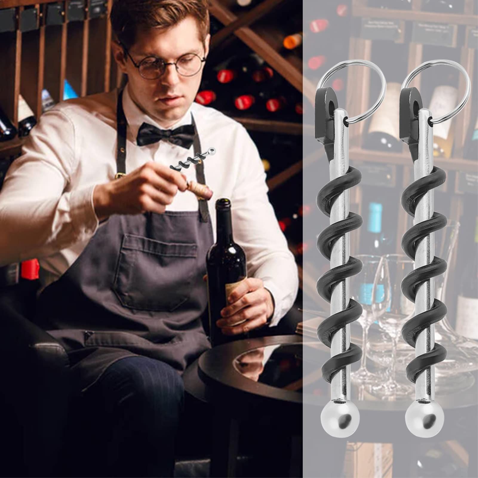 2Pcs Corkscrew Keychain, Stainless Steel Mini Small Key Ring Wine Opener for view 5