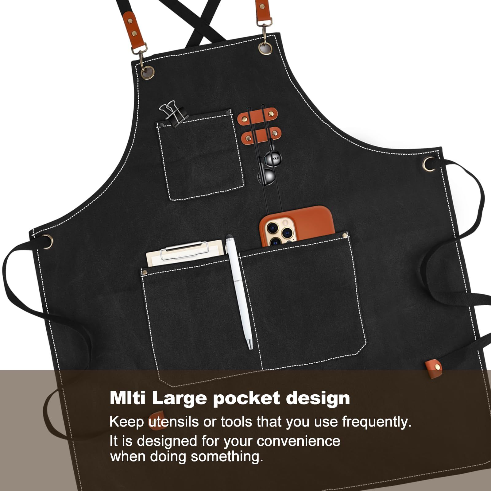 Cross-Back Chef Aprons for Men Women with Pockets view 3