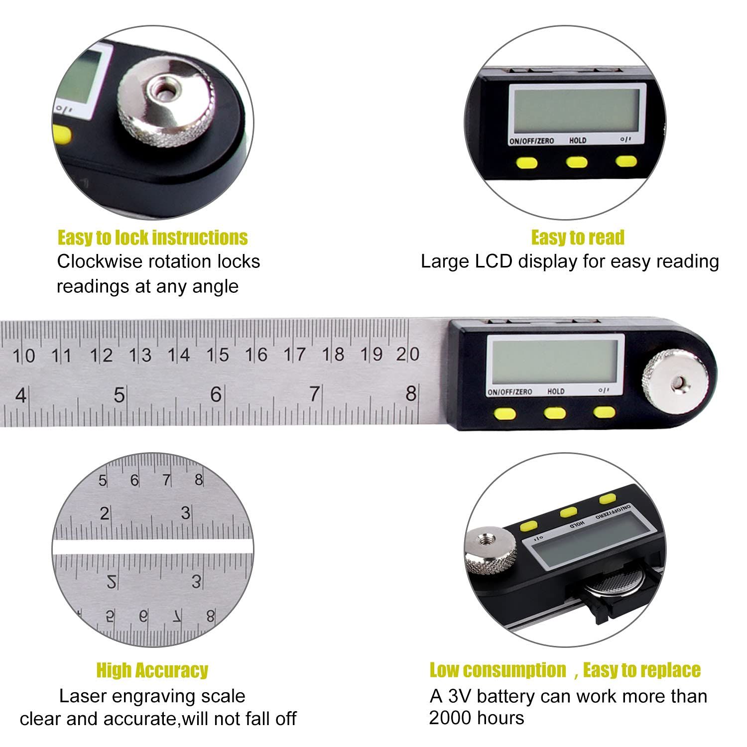 200mm/8Inches Digital Angle Finder Ruler - Stainless Steel Protractor for view 5