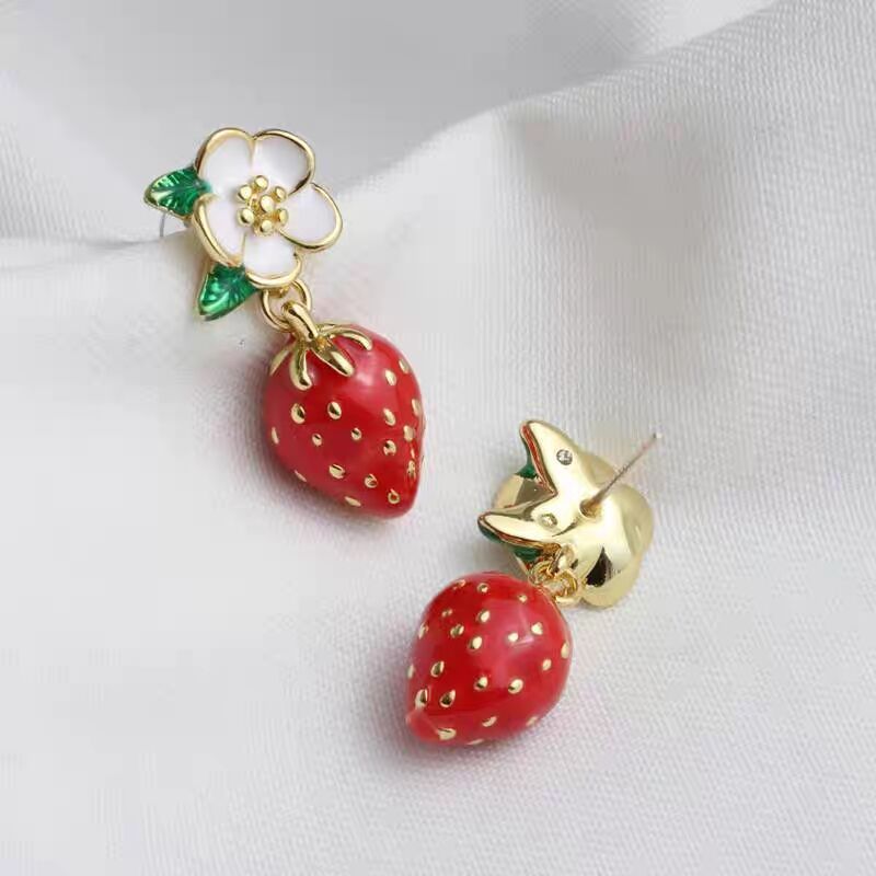 Strawberry Hoop Earrings for Women Cute Earrings Tiny Red Strawberry Fruits view 3