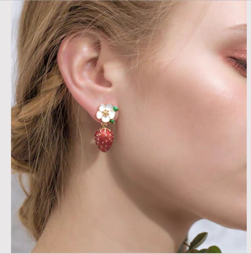 Strawberry Hoop Earrings for Women Cute Earrings Tiny Red Strawberry Fruits view 4