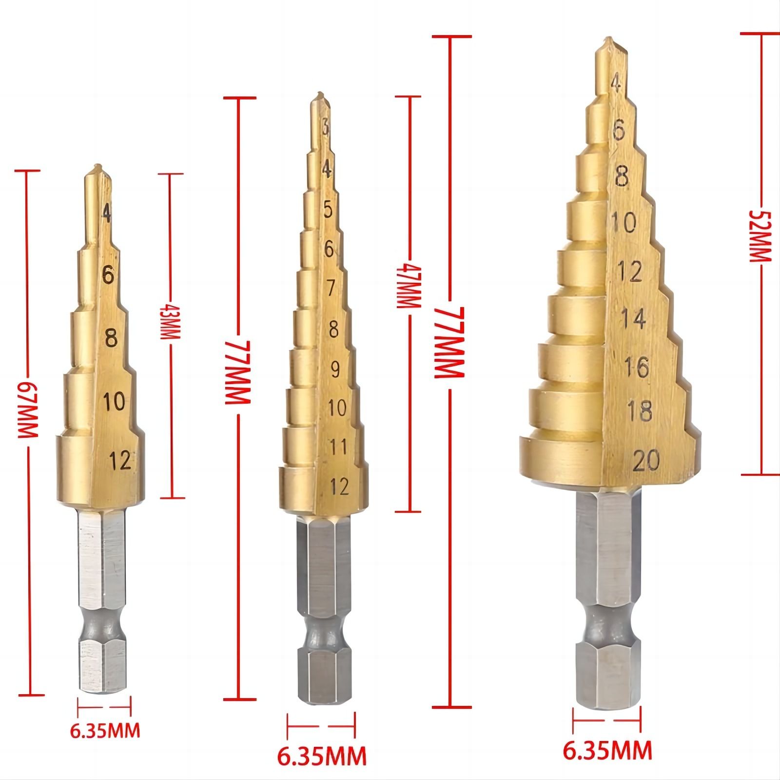 3pcs 3-12/4-12/4-20 mm Step Drill Bits High Speed Steel Cone Titanium Coated view 4