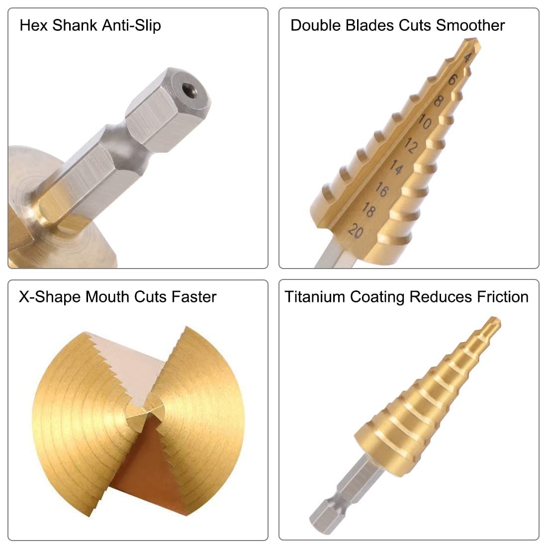 3pcs 3-12/4-12/4-20 mm Step Drill Bits High Speed Steel Cone Titanium Coated view 5