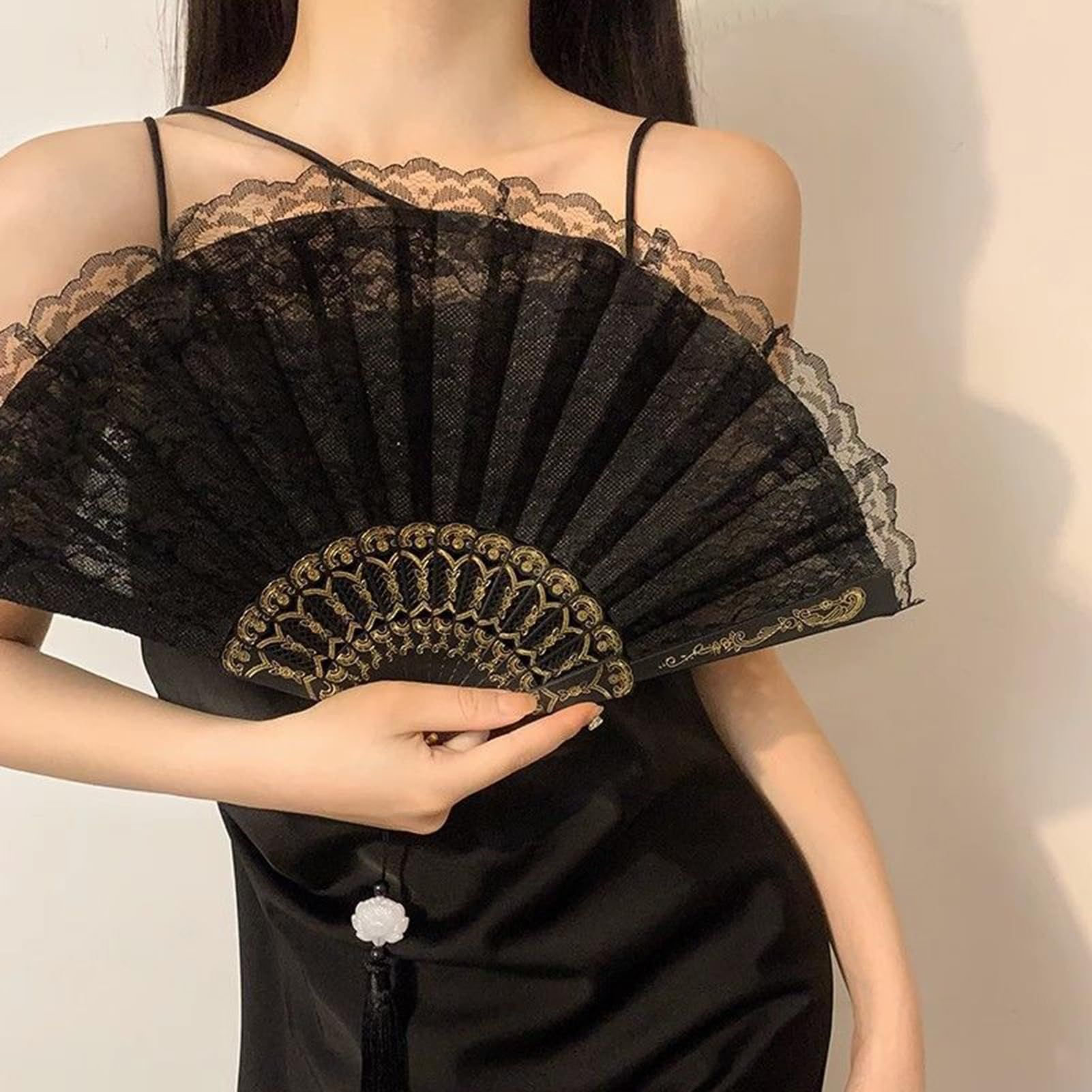 Vintage Lace Folding Fan with Tassel Handheld Chinese Vintage Style Hand Held view 2