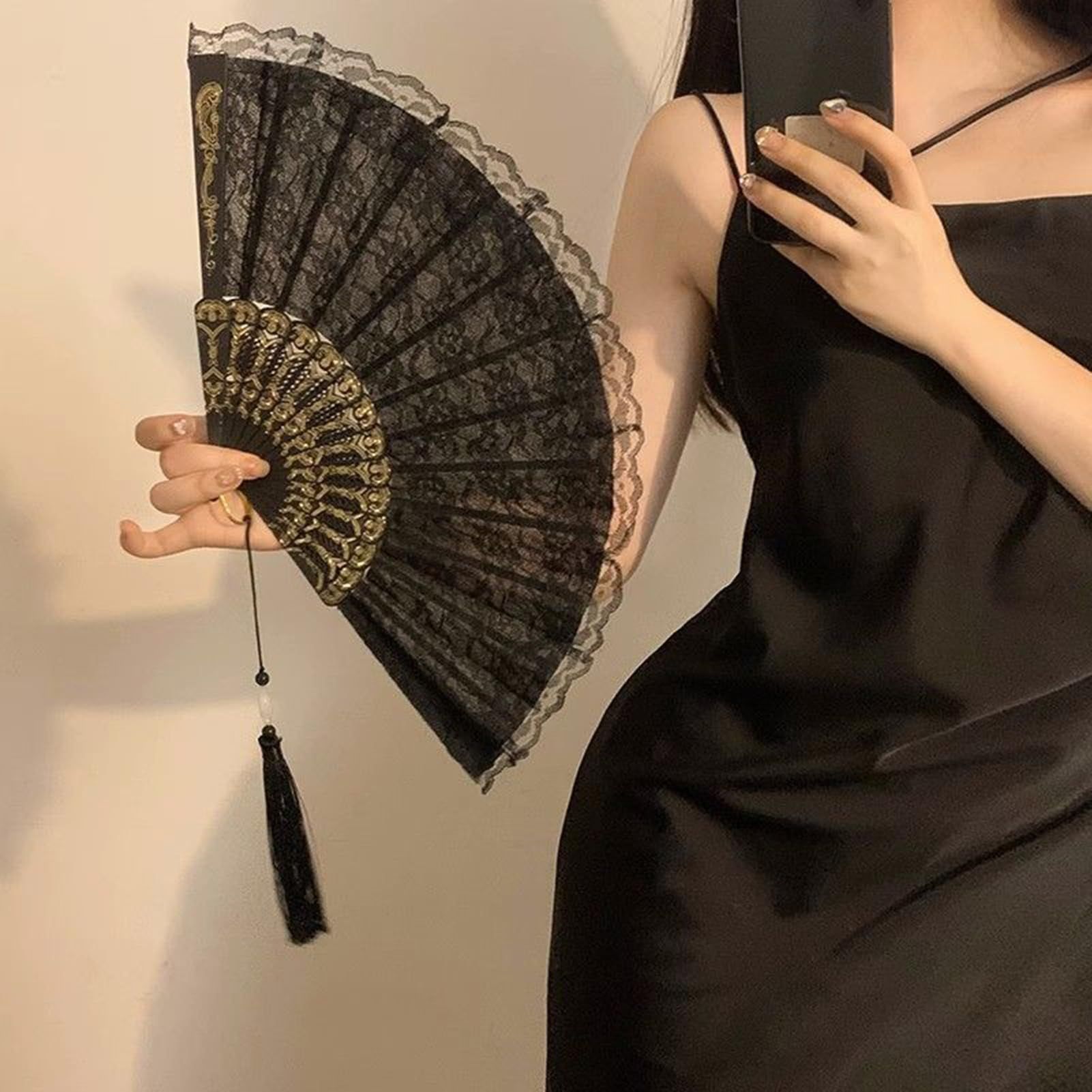 Vintage Lace Folding Fan with Tassel Handheld Chinese Vintage Style Hand Held view 5