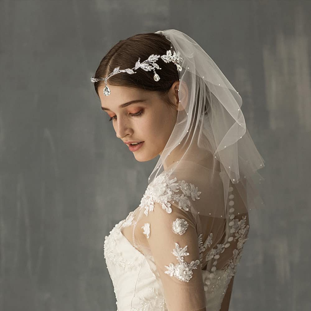 Elegant Rhinestone Leaf Wedding Bridal Bridesmaid Forehead Band Dangle view 3