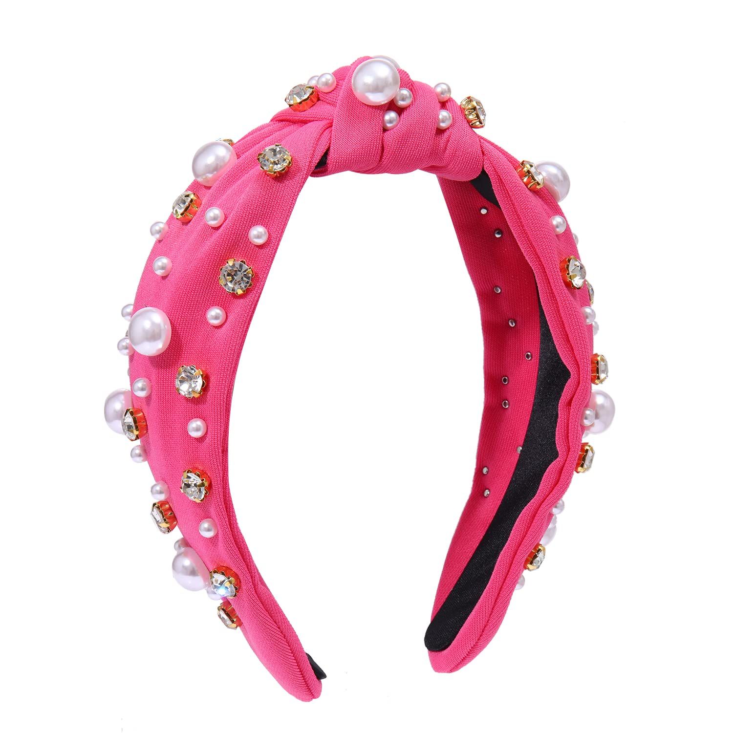 Pearl Knotted Headband for Women White Pearl Rhinestone Crystal Jeweled view 2