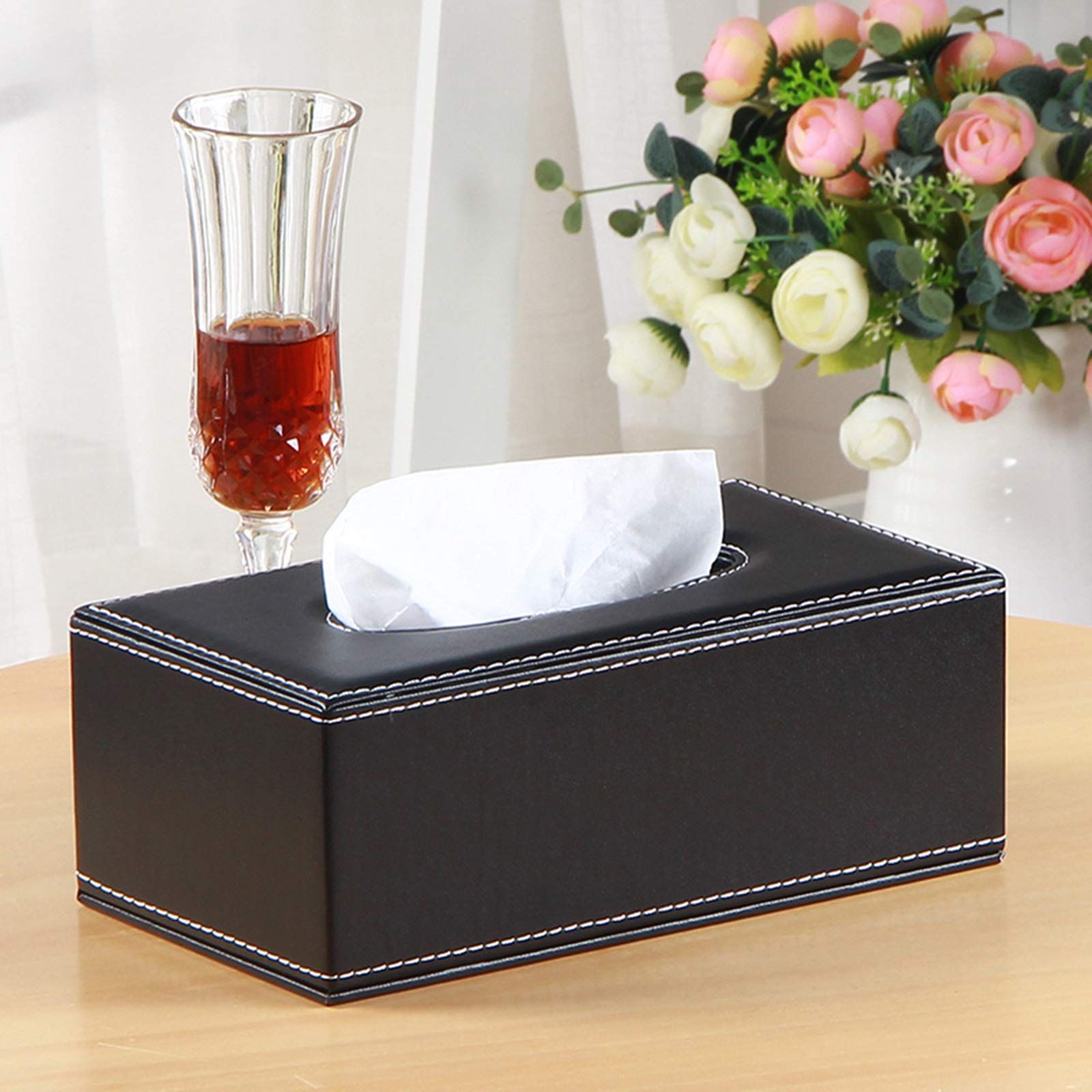 High-end Fashion PU Leather Tissue Box Holder Black with lid view 5