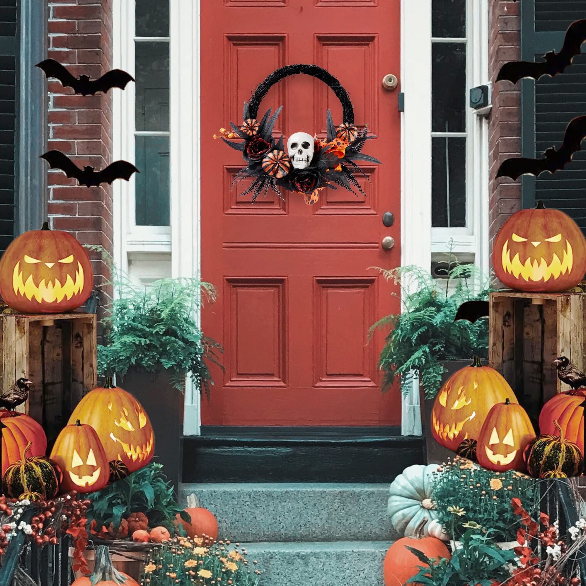 Halloween Wreath Artificial Skull Wreath Handmade Black Grapevine Wreath with view 3