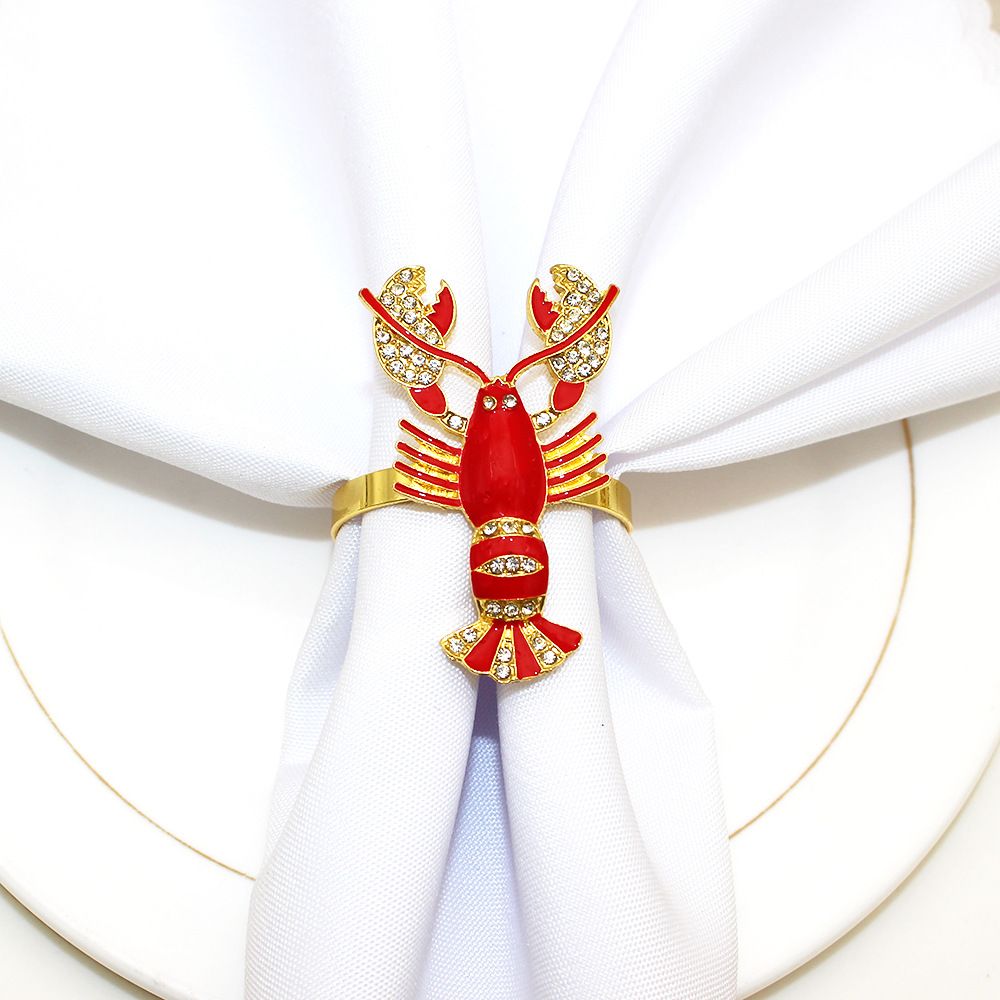 Styles Exquisite Bejeweled Red Lobster Cloisonné Brass Napkin Rings view 2