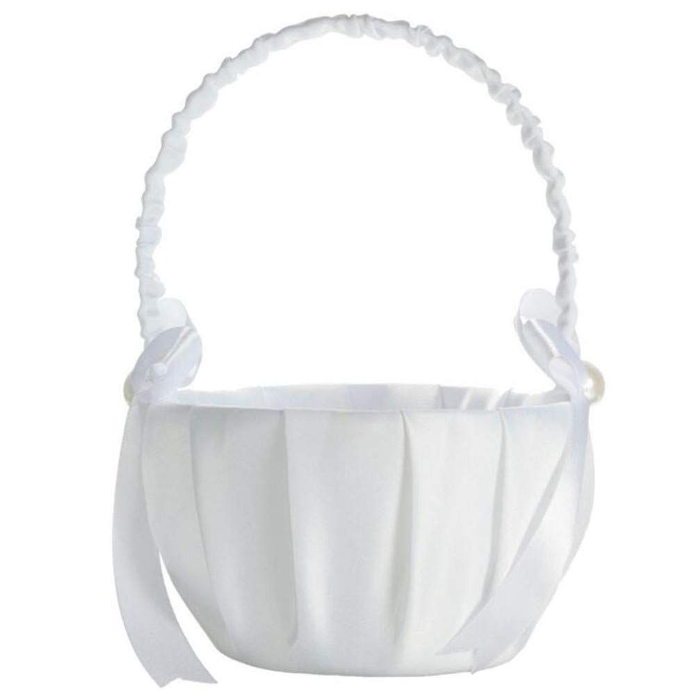 Romantic White Satin Beaded Wedding Flower Girl Basket Bowknot Decor Wedding view 2