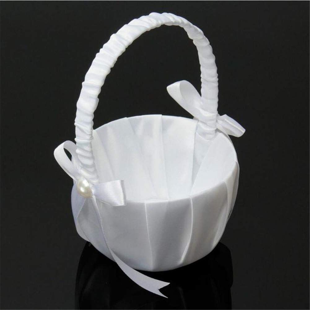 Romantic White Satin Beaded Wedding Flower Girl Basket Bowknot Decor Wedding view 3