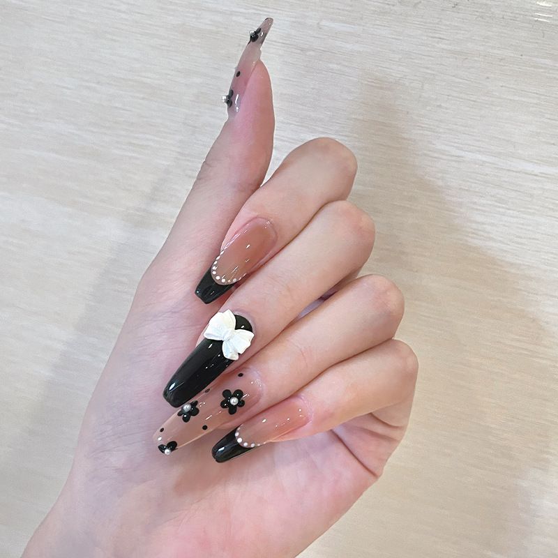 Cute Long Coffin Press on Nails Black Glossy Fake Nails Design Flower Bow view 3