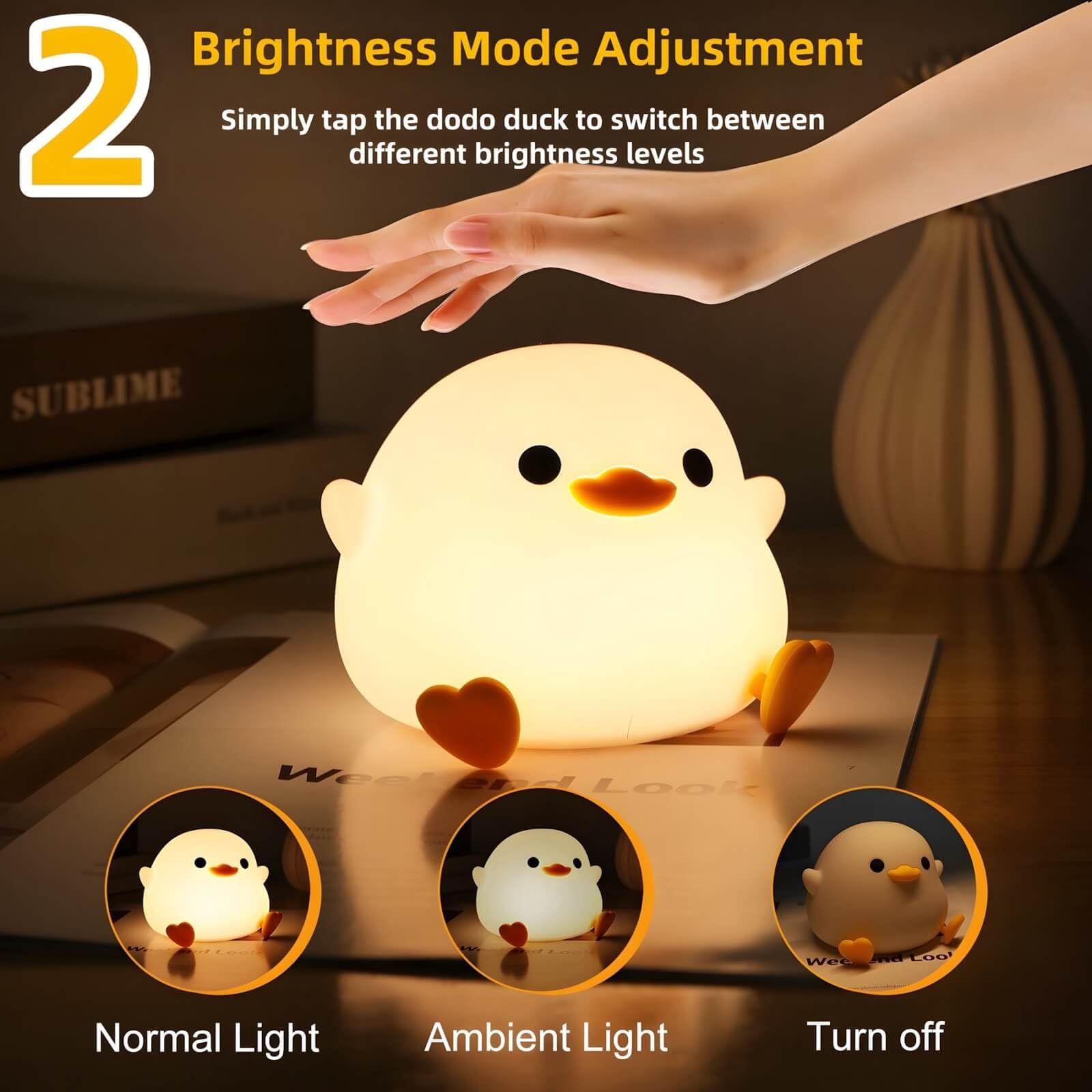Cute Duck Lamp, Rechargeable Dimmable Nightlight, Silicone LED Bedside Lamp view 2