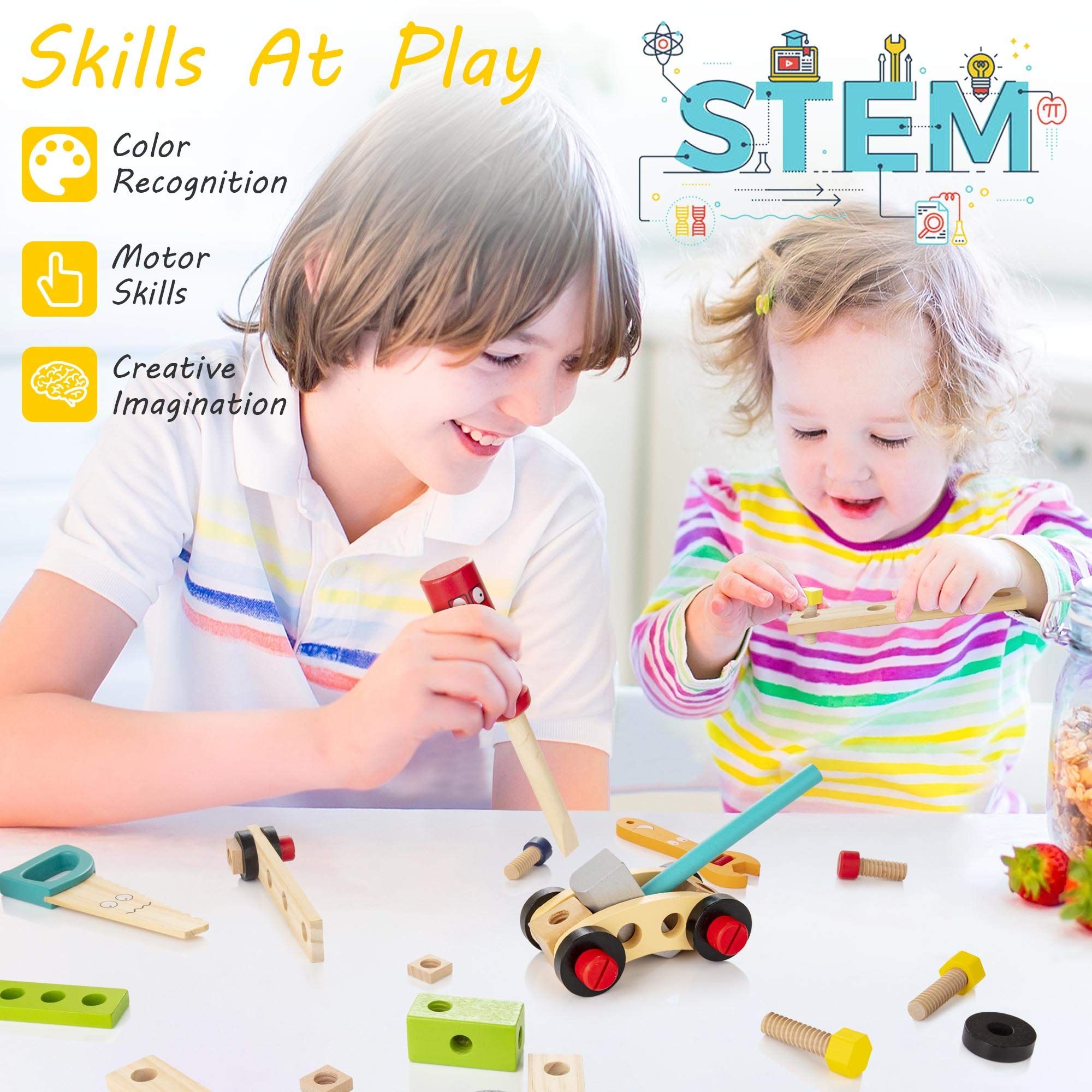 Tool Kit for Kids, Wooden Toddler Tools Set Including Tool Box & DIY Stickers view 4