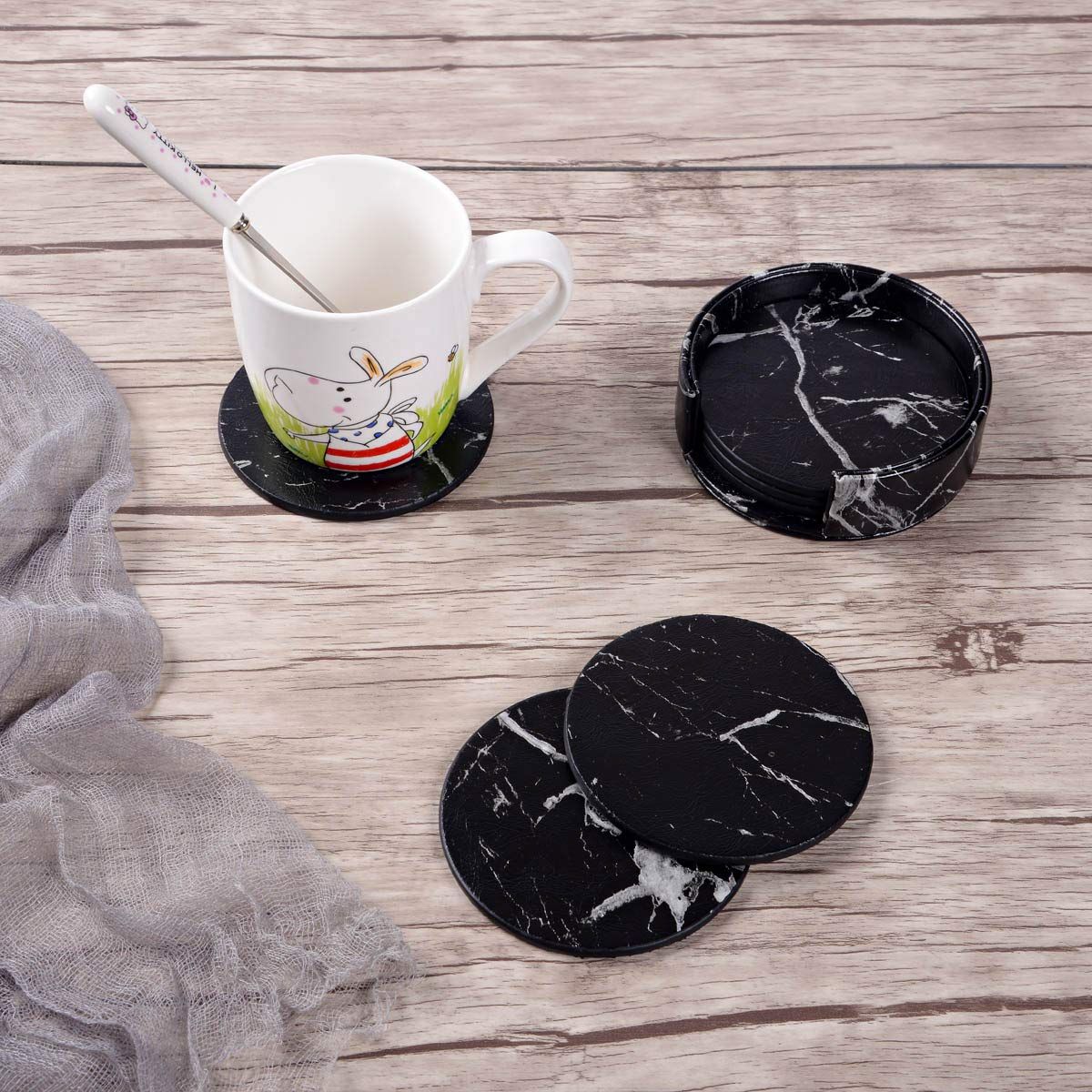 Coasters for Drinks, 6 PCS Premium PU Leather Drink Coasters with Holder, Heat view 4