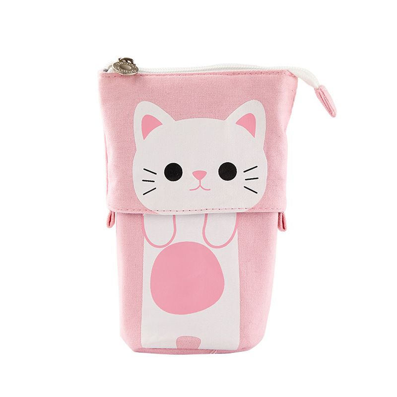 Cute cat retractable pencil case/zipper canvas box+PU cartoon pencil case