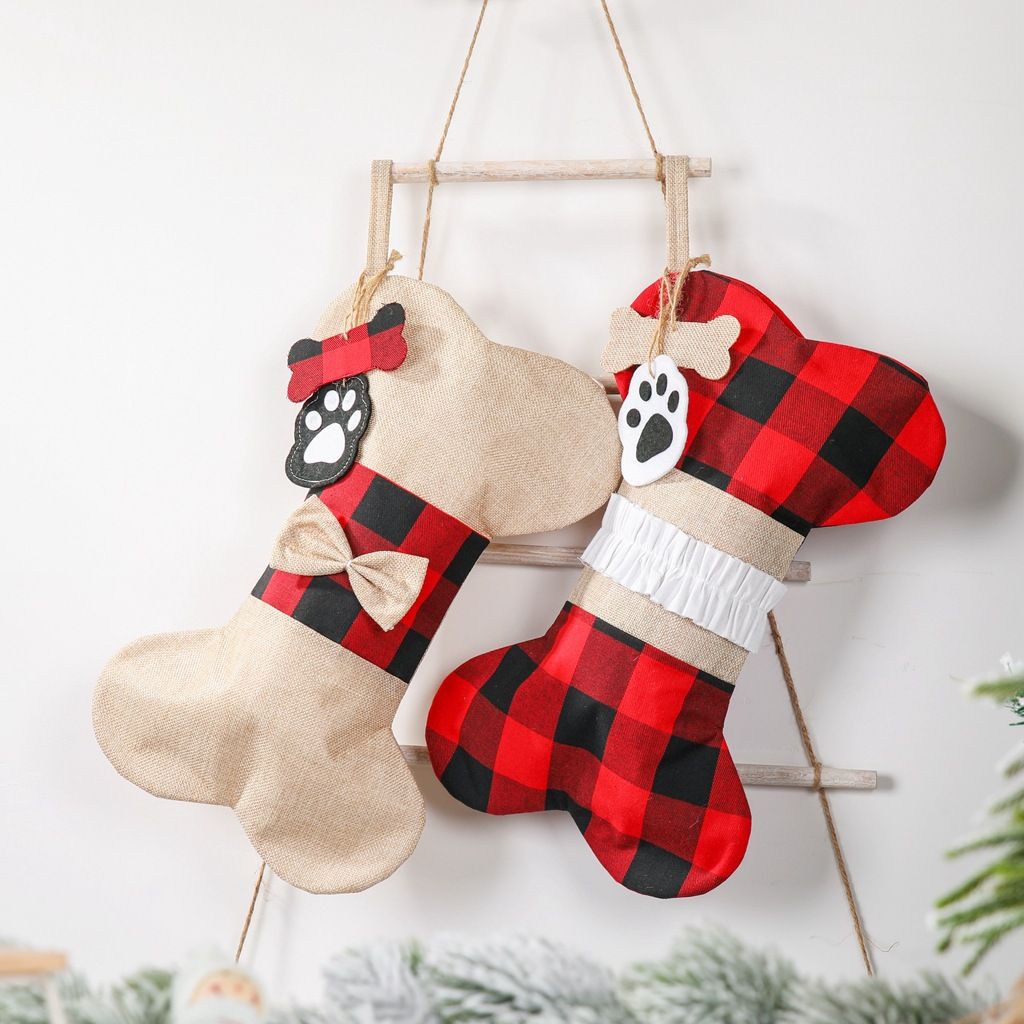 Christmas Plaid Pet Stocking - Cute Buffalo Plaid Doggy Bone Paw Stockings for view 2