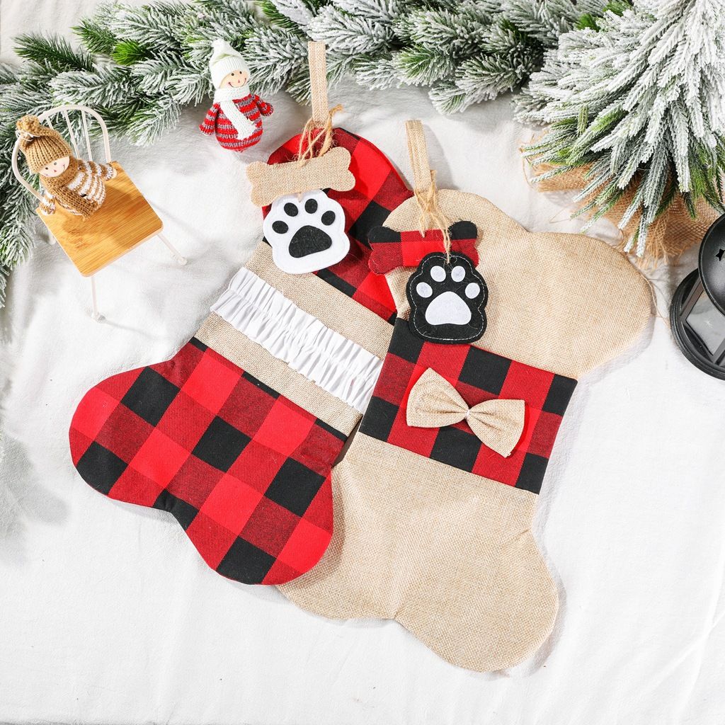 Christmas Plaid Pet Stocking - Cute Buffalo Plaid Doggy Bone Paw Stockings for view 3