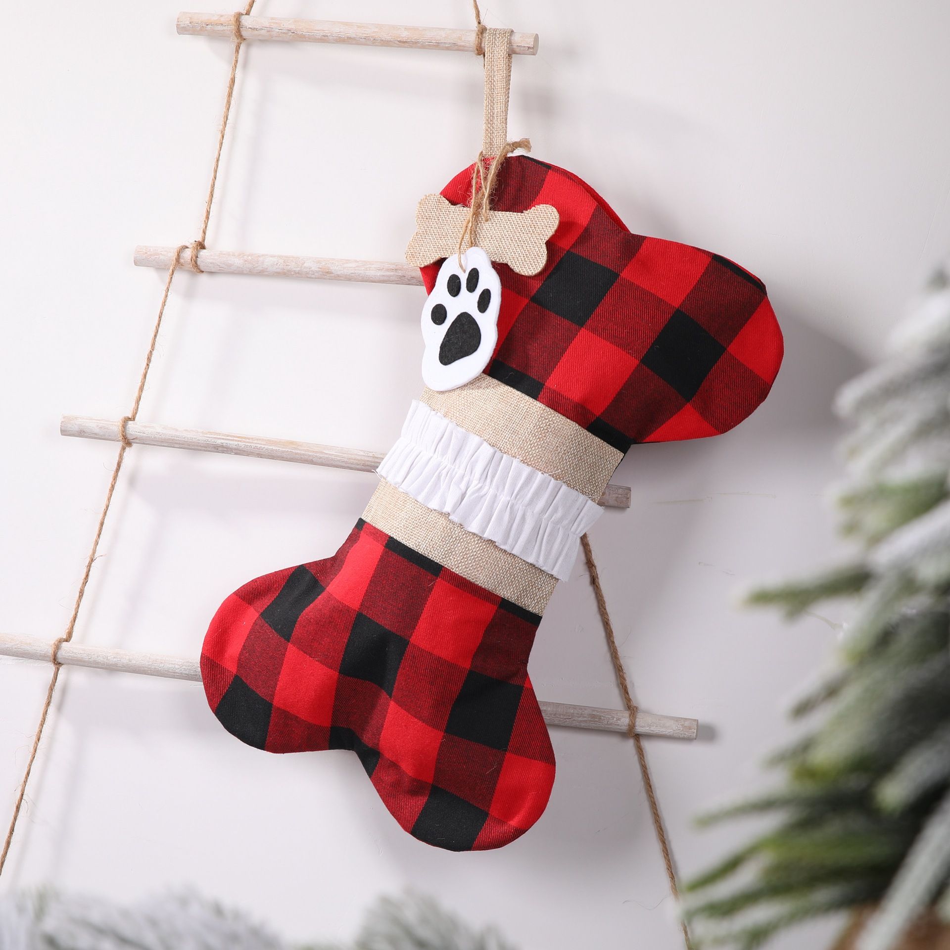 Christmas Plaid Pet Stocking - Cute Buffalo Plaid Doggy Bone Paw Stockings for view 4