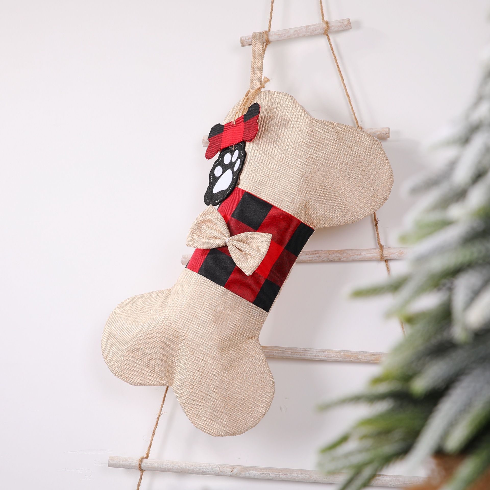 Christmas Plaid Pet Stocking - Cute Buffalo Plaid Doggy Bone Paw Stockings for view 5