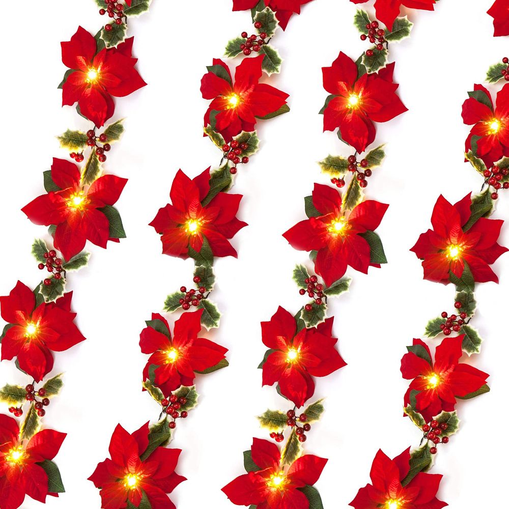 String Lights Lighted Poinsettia Garland Red Poinsettia Light Xmas Flower view 3