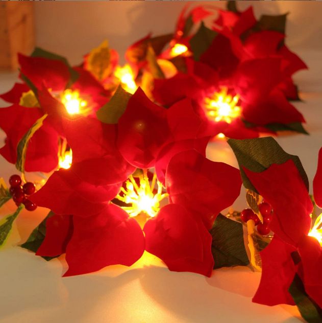 String Lights Lighted Poinsettia Garland Red Poinsettia Light Xmas Flower view 5