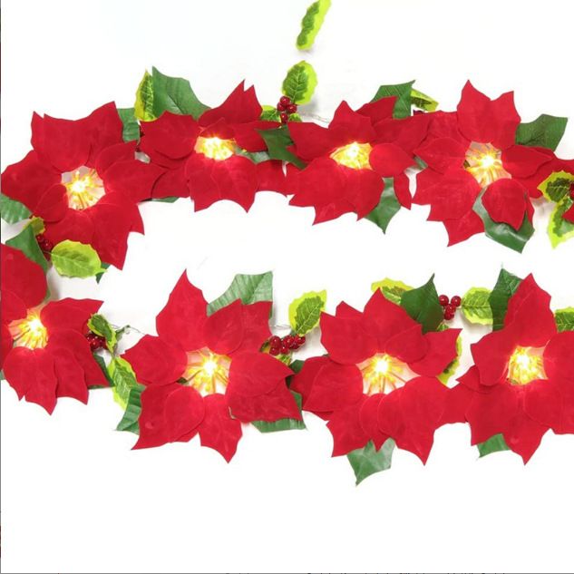 String Lights Lighted Poinsettia Garland Red Poinsettia Light Xmas Flower view 8
