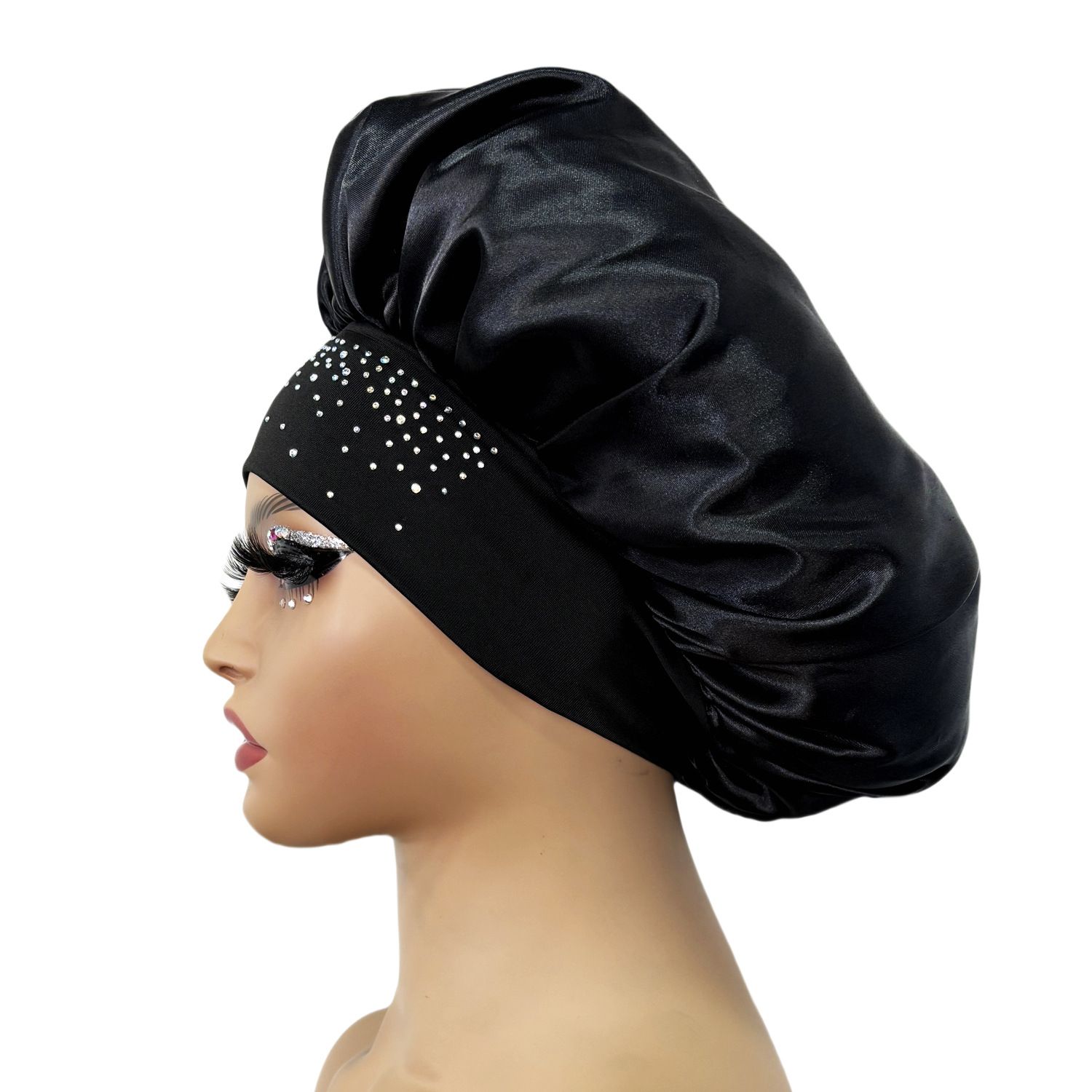 Hair Bonnet Glittering Pearls and Rhinestones Satin Bonnet Wide Band Sleeping view 6