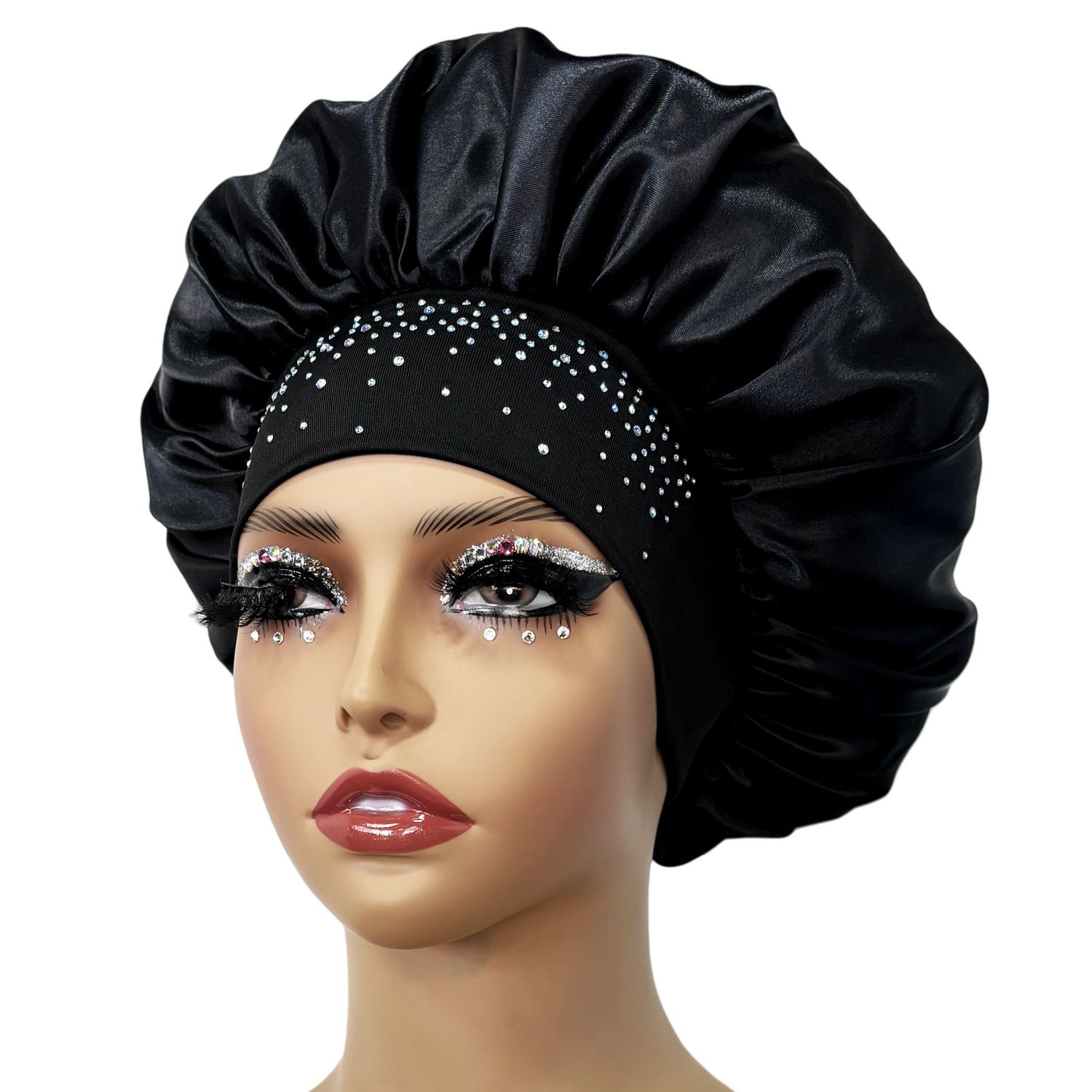 Hair Bonnet Glittering Pearls and Rhinestones Satin Bonnet Wide Band Sleeping view 9