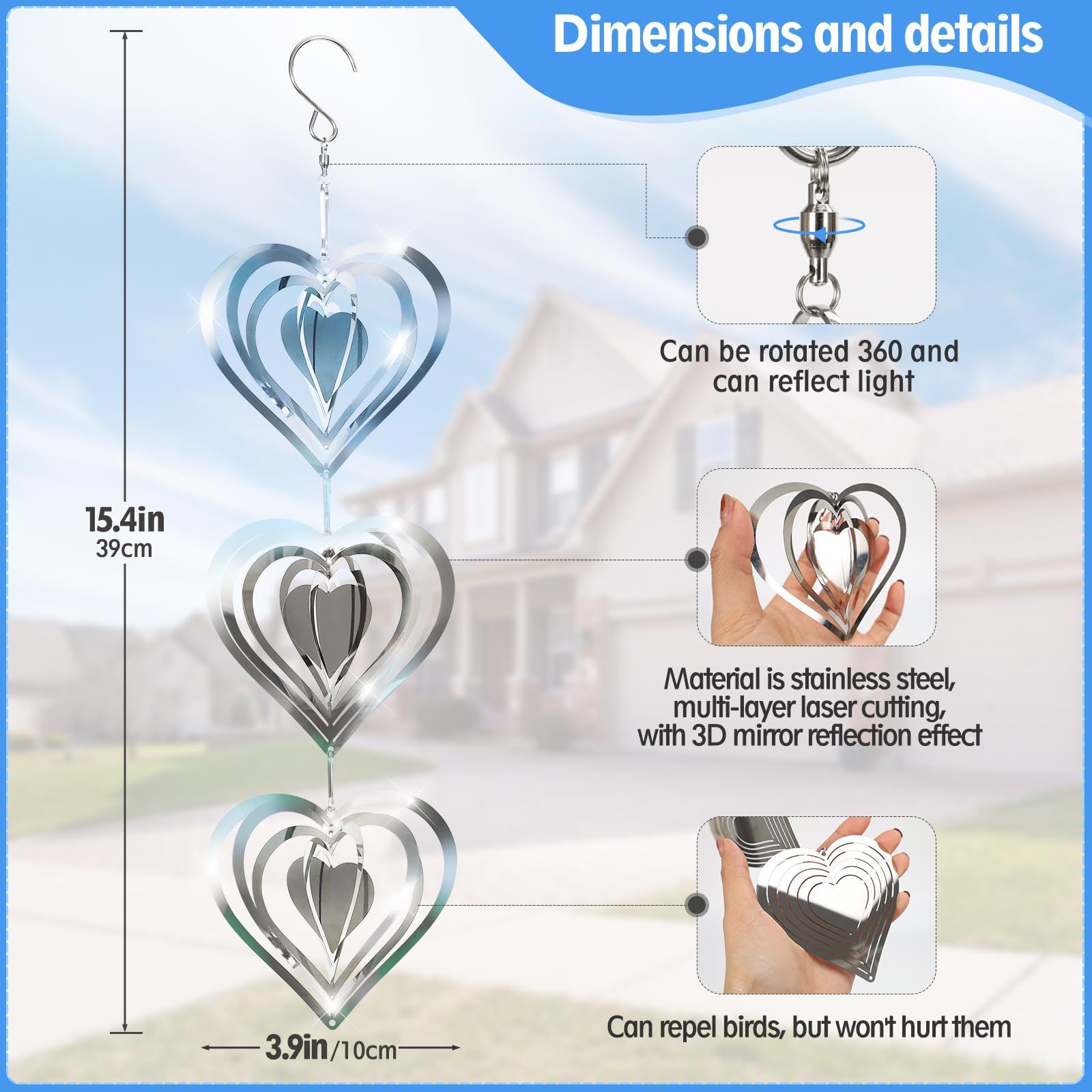 3 PCS Set,Highly Reflective Wind Spinners,Double-Sided Bird Reflectors, Wind view 4