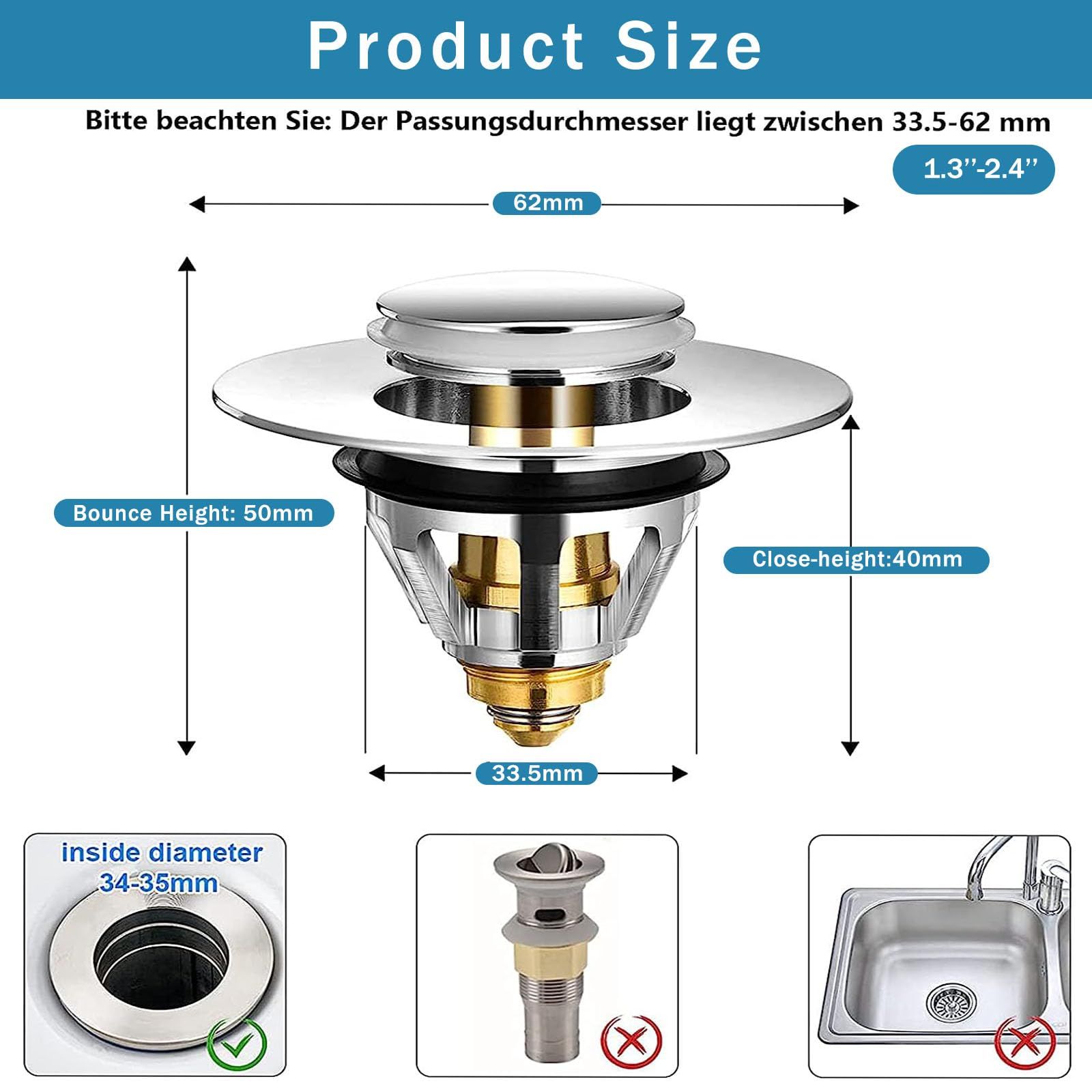 Universal Bathroom Sink Drain Stopper Replacement - Stainless Steel Drain Cover view 2