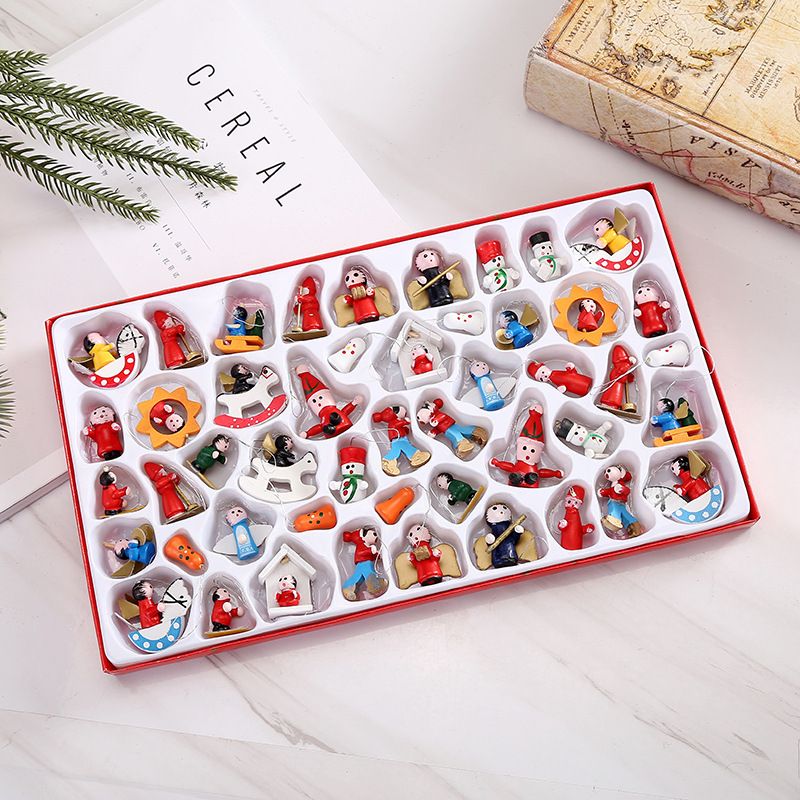 48 PCS Mini Wooden Christmas Tree Ornaments Set Tiny Hanging Vintage Miniature view 2